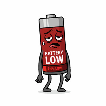 Exhausted red cartoon battery character with low energy indicator.