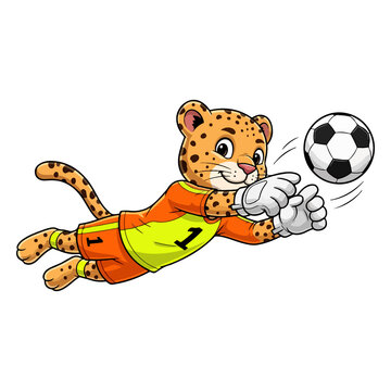 Cartoon leopard mascot playing soccer mid-air isolated on white background