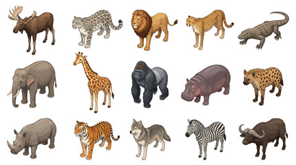 Fototapeta premium A diverse collection of various wild animals including a moose, snow leopard, lion, elephant, giraffe, gorilla, hippo, rhino, tiger, wolf, zebra, and buffalo.