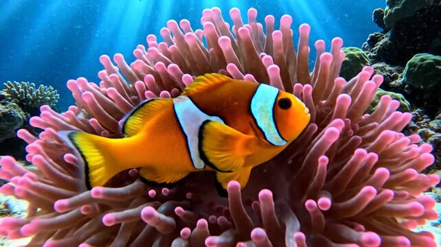Clownfish swimming in pink anemone on a coral reef.