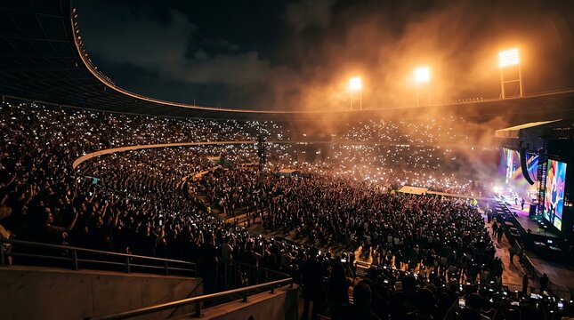 Concert at a large stadium at night with audience holding up lights