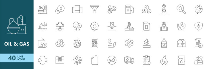 Fototapeta premium Oil & Gas Industry Icon Set. Energy Production Outline Collection. Editable Stroke. Vector Illustration