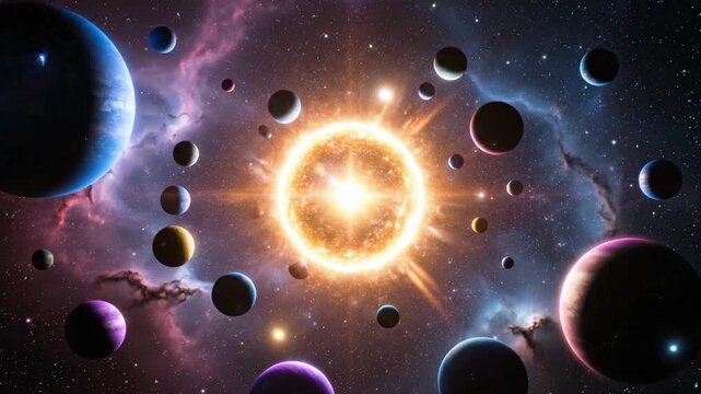 A vibrant depiction of celestial bodies orbiting a radiant sun