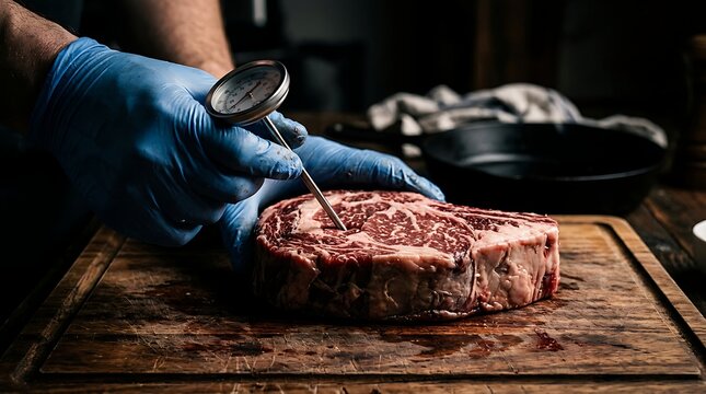 Chef checking temperature of raw ribeye steak with thermometer
