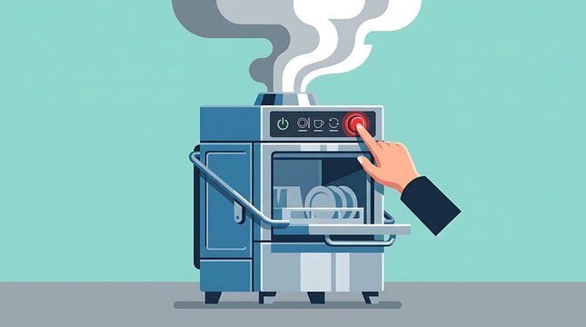 Hand pushing a red button on a steaming industrial dishwasher
