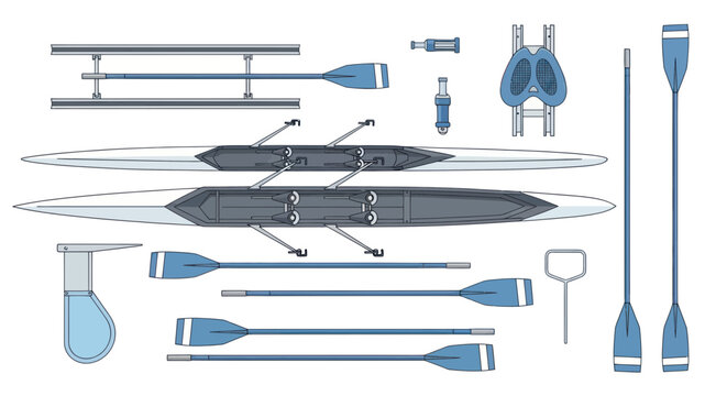 Rowing Equipment Set: Scull Boat, Oars, Riggers, Seat, and Accessories