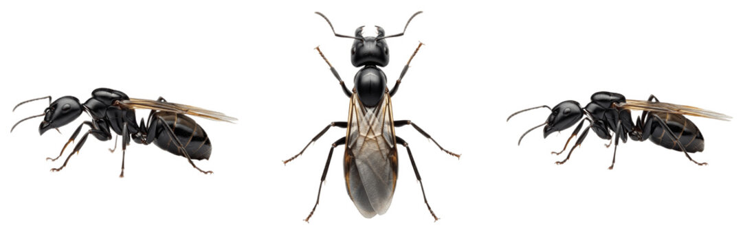 Queen carpenter ant, Camponotus pennsylvanicus, Formicidae family, black carpenter ant major dealate profile, massive cordate head, structural timber boring gallery colony setup tracking chart