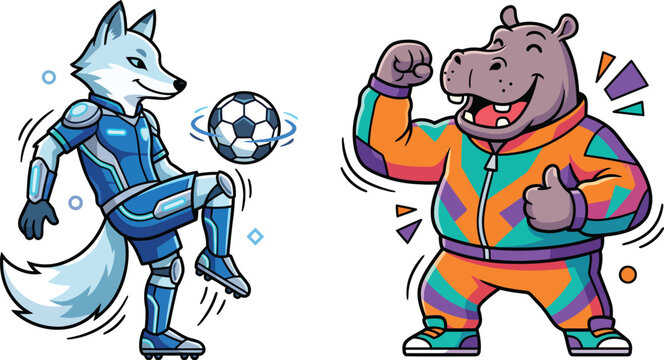 Engaging illustrated characters for advertising and news, a soccer fox and a happy hippo, designed for a transparant background.
