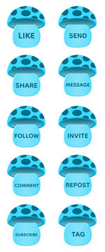 Set of Cute Blue Mushroom Social Media Buttons with Transparent Background, Kawaii Fantasy Cartoon Interface Collection, Glossy Magical Mobile App UI Icons for Like Share Follow Comment and Subscribe 