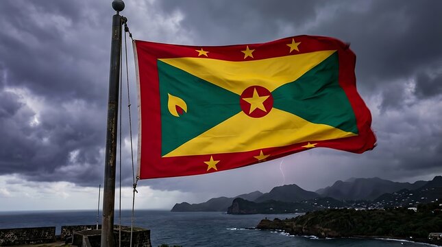 Grenada flag waving in the wind against a dramatic stormy sky over the caribbean sea