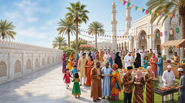Eid al-Adha horizontal banner with a large diverse crowd celebrating outdoors at a mosque courtyard with food stalls, live barbecue grill, and colorful bunting flags for Bakrid.