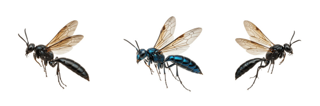 Queen mud dauber wasp, Sceliphron caementarium, Sphecidae family, thread-waisted solitary female profile, clay mud cell nest architecture construction, spider collection predatory tracking chart