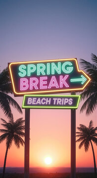 Vibrant spring break sign with palm trees at sunset beach trips neon sign pointing to fun summer vacation destinations.