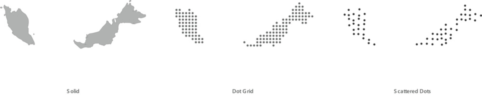 Set of malaysia map icons in different styles including solid, dot grid and scattered dots vector illustration