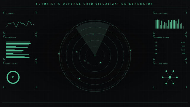 Futuristic defense grid visualization generator with radar and data interface vector illustration