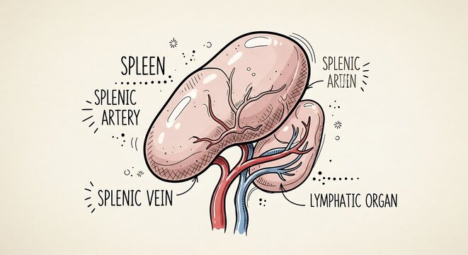 Detailed anatomical diagram of the human spleen and its blood vessels.