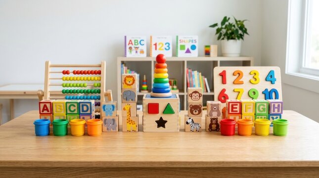 A colorful wooden toy stacker and alphabet blocks on a wooden table in a bright, well-lit room with a white wall and a window with green plants in a white pot.