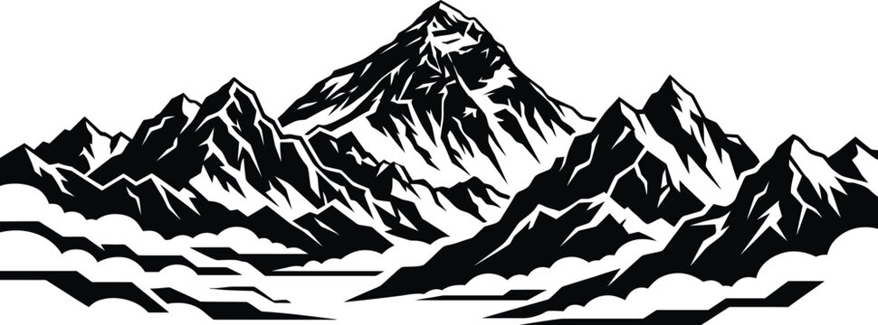 Dramatic black and white silhouette of a mountain range with snow capped peaks against a cloudy sky on a transparent background