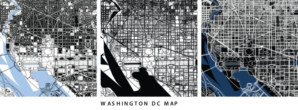 Three variations of a washington dc street map with different color schemes vector illustration