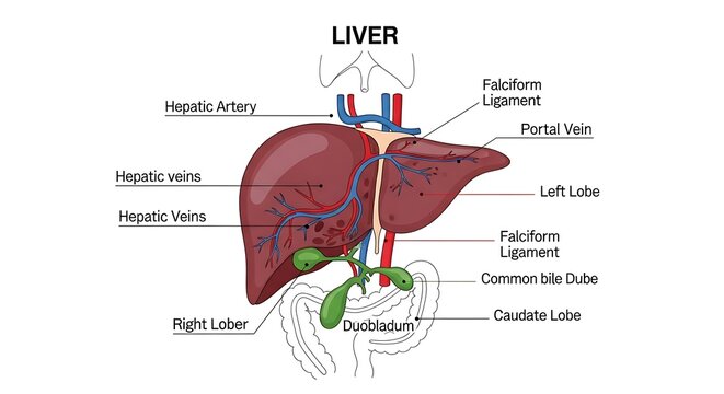 Detailed anatomical diagram of human liver and biliary system.