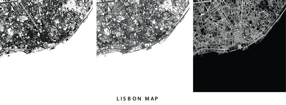 Lisbon city map with street network and urban layout in three styles vector illustration