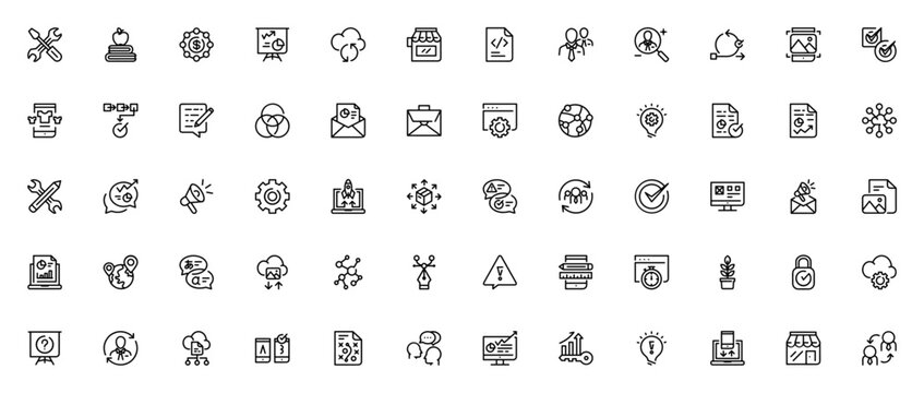 Web SEO icon set. Minimal thin line web icons set. Vector illustration. Featuring tools, education, analytics, cloud storage, shopping, code, teamwork, mobile, planning, email marketing, social media,