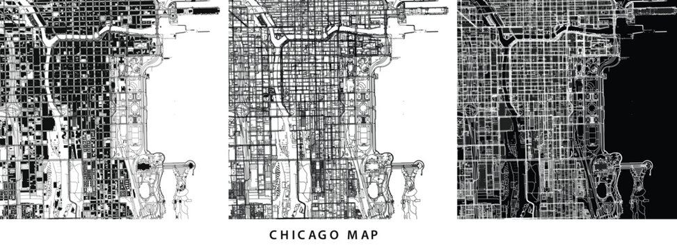 Three variations of a chicago city map showing different urban density layers vector illustration