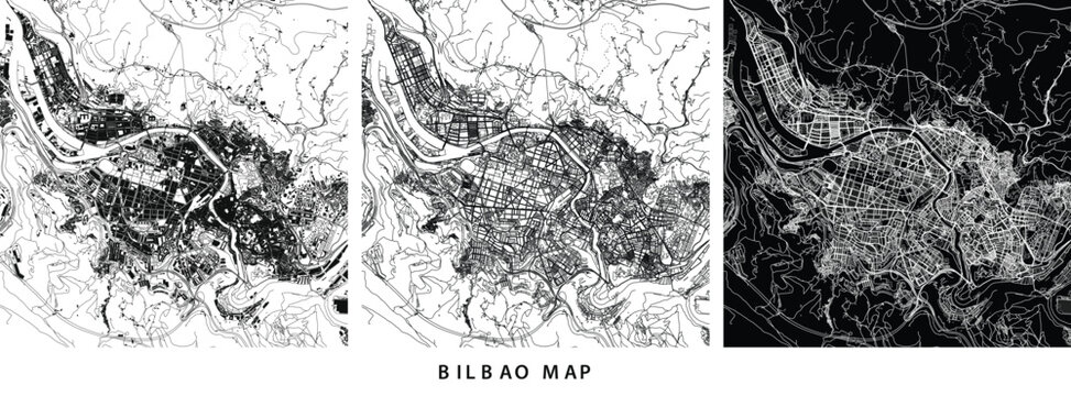 Three different map styles of bilbao city, spain, urban layout illustration vector illustration