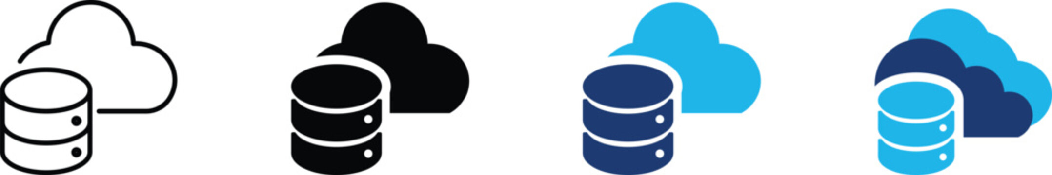 Cloud database icon set representing server hosting storage, network computing data center and virtual information drive. Symbol of online memory folder, center infrastructure mainframe