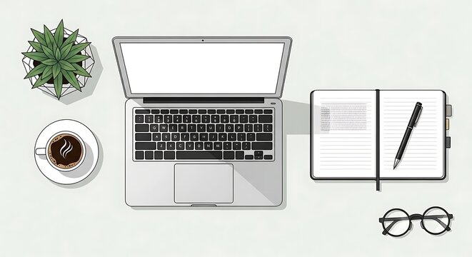 Modern office desk setup with laptop and accessories.