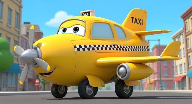 Bright yellow cartoon taxi car with happy face on city street.