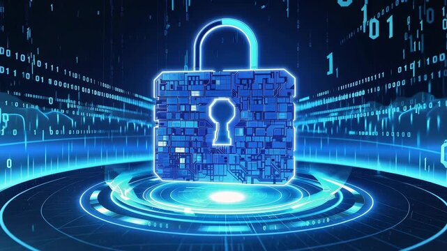 Digital Security Lock: A glowing digital padlock superimposed on a background of binary code and abstract technological patterns, symbolizing data protection and cybersecurity.