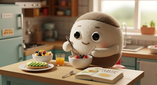 Cute robot chef preparing fresh salad in kitchen.