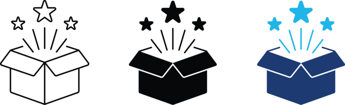 Surprise box icon set representing magic gift package, bonus prize reward and product unboxing explosion. Symbol of birthday celebration present, loyalty program giveaway, special offer star burst