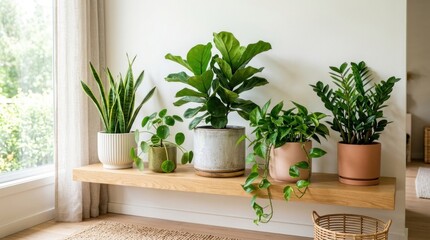 Fototapeta premium Four houseplants on a wooden shelf, including a snake plant, a fiddle leaf fig, a ZZ plant, and a pothos plant, with a white wall in the background.