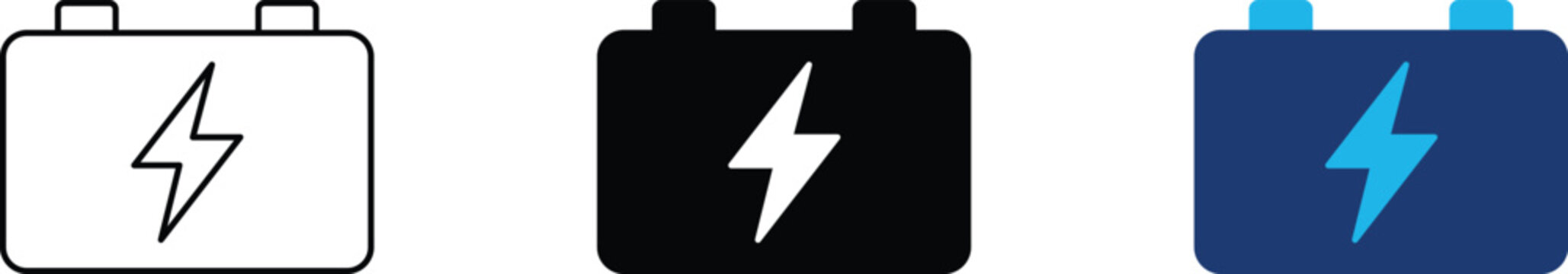 Car battery icon set representing automotive electric power, vehicle accumulator storage and energy charging. Symbol of lightning bolt electricity generator, acid battery cell terminal