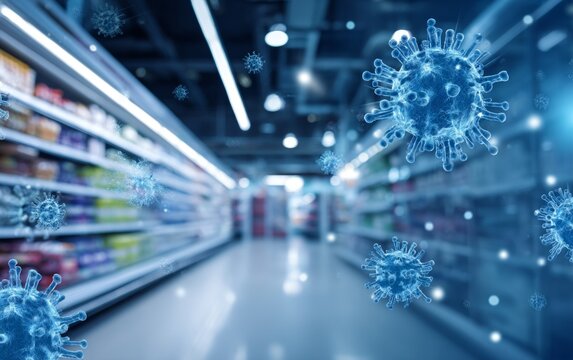 Digital virus particles over grocery store aisle with empty shelves