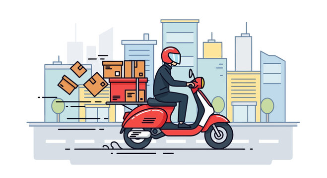 Delivery man on scooter with boxes in city, fast shipping, express courier service, urban transport