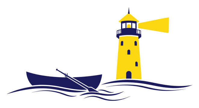 Yellow lighthouse with a rowing boat, guiding light across the sea waves