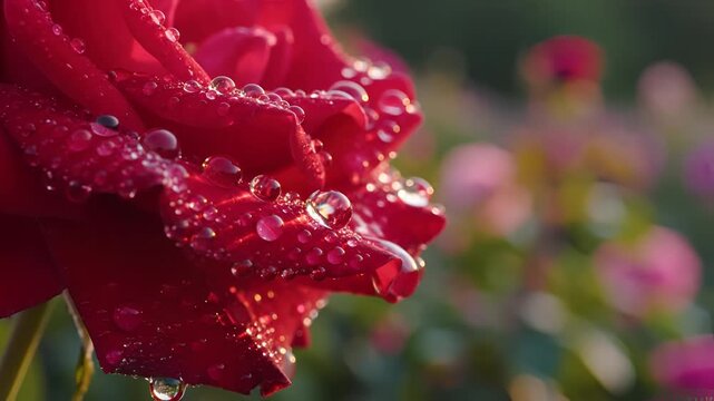 Close up of a vibrant red rose with water droplets glistening in the sunlight.