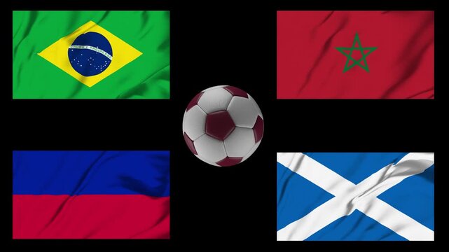 A football soccer competition group containing flags Brazil, Morocco, Haiti, Scotland on Alpha transparent background