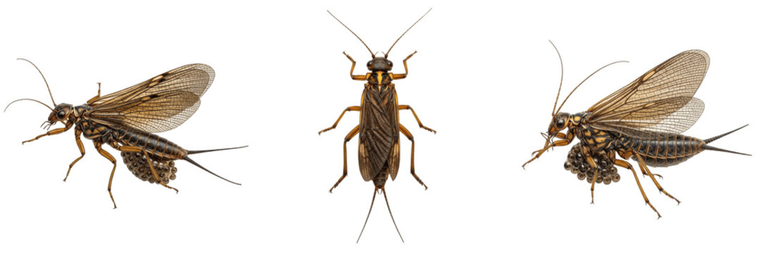 Queen stonefly reproductive female, Perla marginata, Perlidae family, plecoptera aquatic indicator egg mass abdominal carriage, clean stream riparian habitat landing posture tracker chart