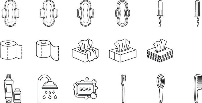 Set of black line icons featuring feminine hygiene products, toilet paper, tissues, and bathroom personal care items for health, wellness, and sanitation design.