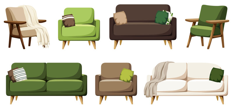 Set of sofas and armchairs in green, beige, brown, and white colors. Sofas and armchairs with cushions and throw blankets isolated on white. Home furniture set. Cartoon vector illustrations