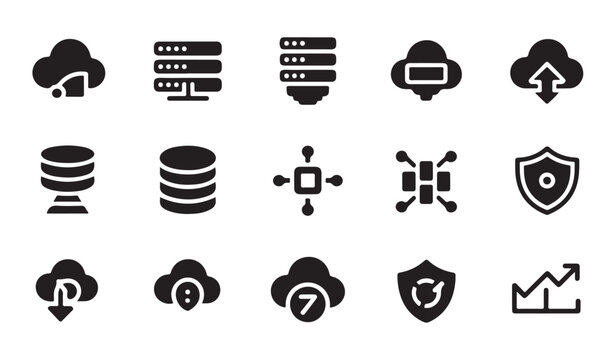 Cloud computing and database server icon set, big data storage, network infrastructure and security.