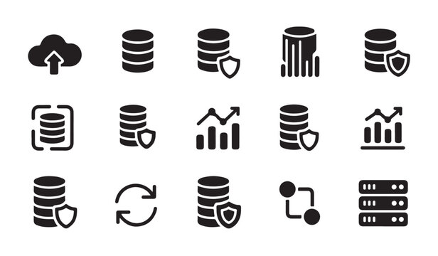 Database and cloud computing icons set, data protection, security shield, data analytics and growth.