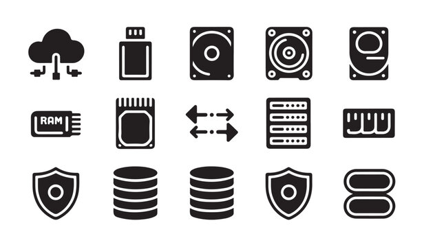 Data storage hardware icon collection featuring cloud computing and memory device silhouettes.