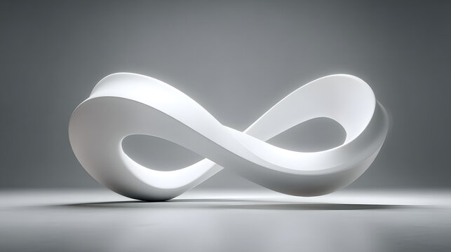Abstract Wide Shot of Single Brandless Matte White 3D Mobius Strip Sculpture Floating in Bright Grey Studio Space for Infinite Loop Corporate Technology Background