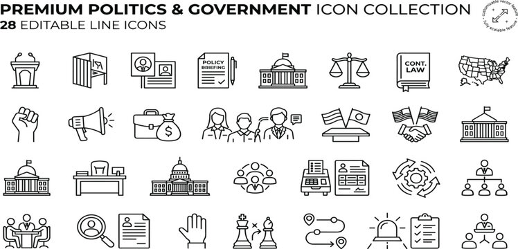 politics and government line icon set featuring democracy, election, and public policy symbols. Ideal for news apps, civic websites, and UI design. Fully editable.
