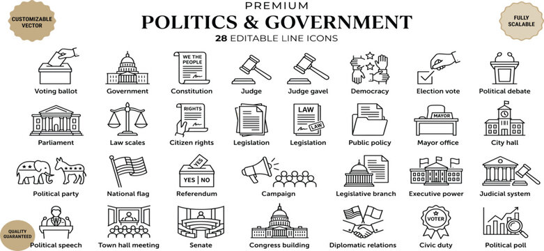politics and government line icon set featuring democracy, election, and public policy symbols. Ideal for news apps, civic websites, and UI design. Fully editable.
